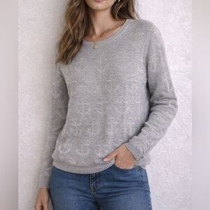 Caroline Grace L Gray Anchor Print Knit Sweater Cotton Cashmere Crewneck